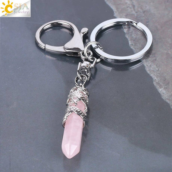 Natural Stone Hexagon Column Keychain With Copper Dragon Wrap Pendant Energy Crystal Key Chain Gift For Men