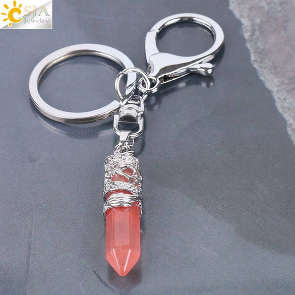 Natural Stone Hexagon Column Keychain With Copper Dragon Wrap Pendant Energy Crystal Key Chain Gift For Men