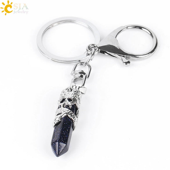 Natural Stone Hexagon Column Keychain With Copper Dragon Wrap Pendant Energy Crystal Key Chain Gift For Men