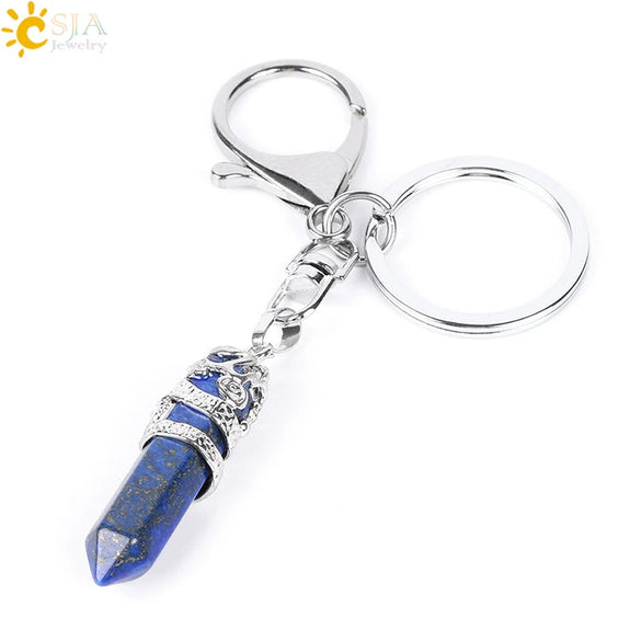Natural Stone Hexagon Column Keychain With Copper Dragon Wrap Pendant Energy Crystal Key Chain Gift For Men