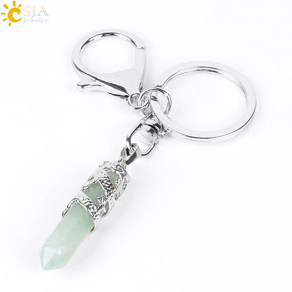 Natural Stone Hexagon Column Keychain With Copper Dragon Wrap Pendant Energy Crystal Key Chain Gift For Men