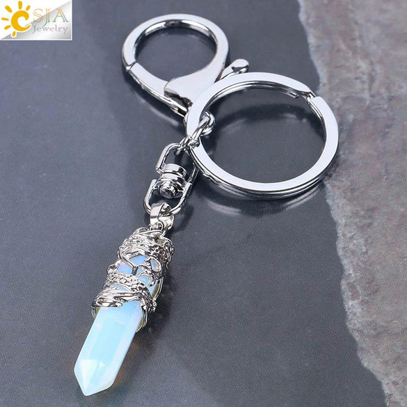 Natural Stone Hexagon Column Keychain With Copper Dragon Wrap Pendant Energy Crystal Key Chain Gift For Men