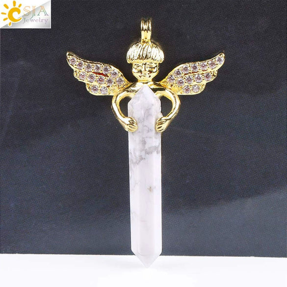 Natural Stone Hexagonal Prism Pendant Necklace With Rhinestone Angel Wing Alloy Chain Minimalist Crystal Jewelry