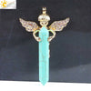 Natural Stone Hexagonal Prism Pendant Necklace With Rhinestone Angel Wing Alloy Chain Minimalist Crystal Jewelry