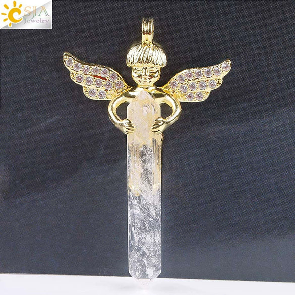 Natural Stone Hexagonal Prism Pendant Necklace With Rhinestone Angel Wing Alloy Chain Minimalist Crystal Jewelry