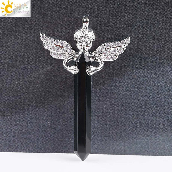Natural Stone Hexagonal Prism Pendant Necklace With Rhinestone Angel Wing Alloy Chain Minimalist Crystal Jewelry