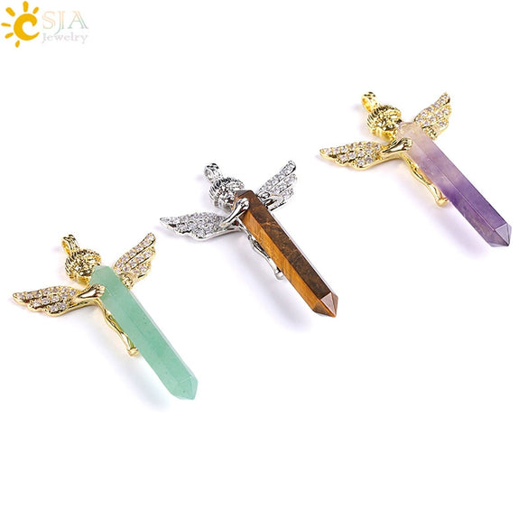 Natural Stone Hexagonal Prism Pendant Necklace With Rhinestone Angel Wing Alloy Chain Minimalist Crystal Jewelry