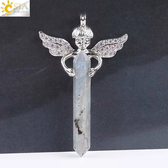 Natural Stone Hexagonal Prism Pendant Necklace With Rhinestone Angel Wing Alloy Chain Minimalist Crystal Jewelry