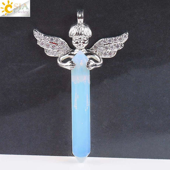 Natural Stone Hexagonal Prism Pendant Necklace With Rhinestone Angel Wing Alloy Chain Minimalist Crystal Jewelry