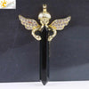Natural Stone Hexagonal Prism Pendant Necklace With Rhinestone Angel Wing Alloy Chain Minimalist Crystal Jewelry