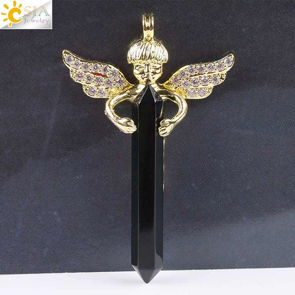Natural Stone Hexagonal Prism Pendant Necklace With Rhinestone Angel Wing Alloy Chain Minimalist Crystal Jewelry