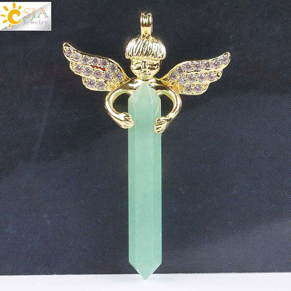 Natural Stone Hexagonal Prism Pendant Necklace With Rhinestone Angel Wing Alloy Chain Minimalist Crystal Jewelry