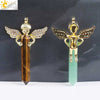 Natural Stone Hexagonal Prism Pendant Necklace With Rhinestone Angel Wing Alloy Chain Minimalist Crystal Jewelry