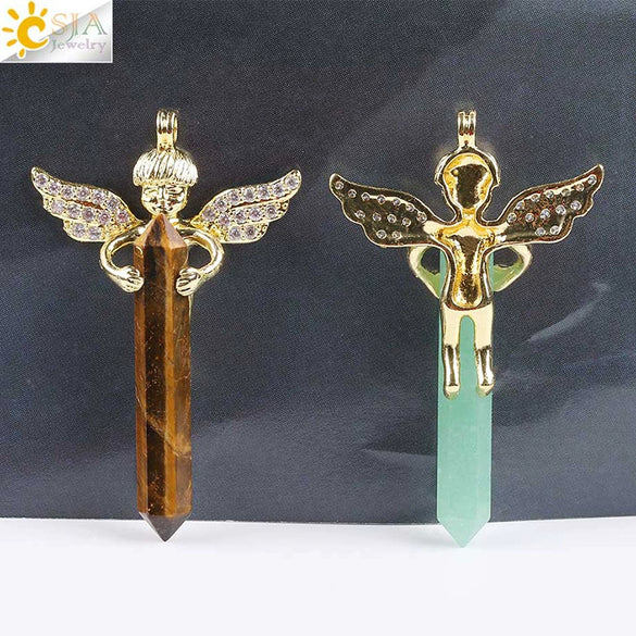 Natural Stone Hexagonal Prism Pendant Necklace With Rhinestone Angel Wing Alloy Chain Minimalist Crystal Jewelry