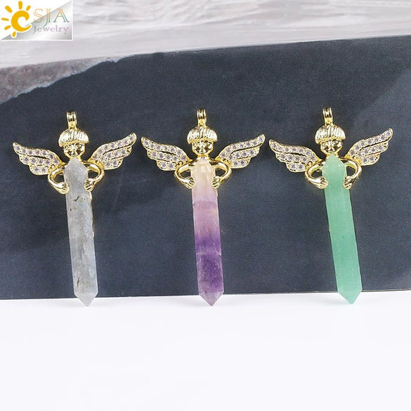 Natural Stone Hexagonal Prism Pendant Necklace With Rhinestone Angel Wing Alloy Chain Minimalist Crystal Jewelry