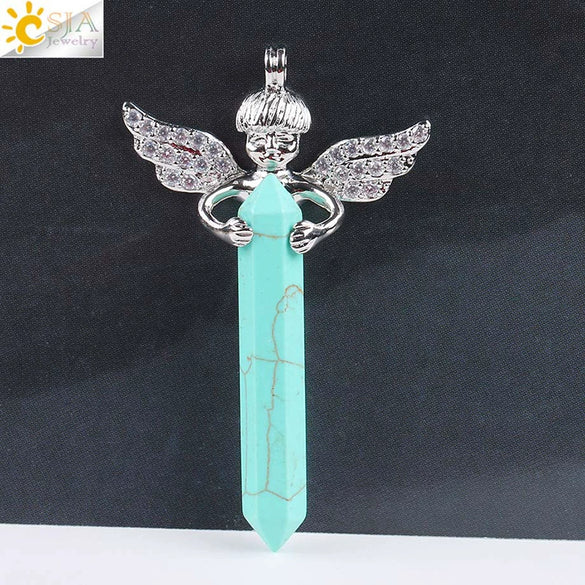 Natural Stone Hexagonal Prism Pendant Necklace With Rhinestone Angel Wing Alloy Chain Minimalist Crystal Jewelry