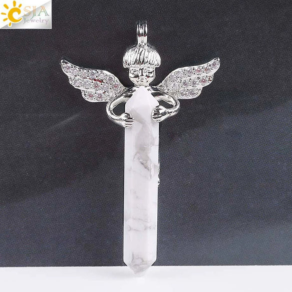 Natural Stone Hexagonal Prism Pendant Necklace With Rhinestone Angel Wing Alloy Chain Minimalist Crystal Jewelry