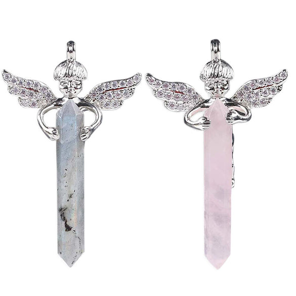 Natural Stone Hexagonal Prism Pendant Necklace With Rhinestone Angel Wing Alloy Chain Minimalist Crystal Jewelry