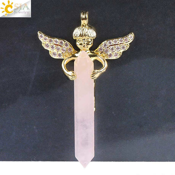 Natural Stone Hexagonal Prism Pendant Necklace With Rhinestone Angel Wing Alloy Chain Minimalist Crystal Jewelry