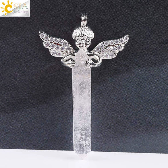 Natural Stone Hexagonal Prism Pendant Necklace With Rhinestone Angel Wing Alloy Chain Minimalist Crystal Jewelry