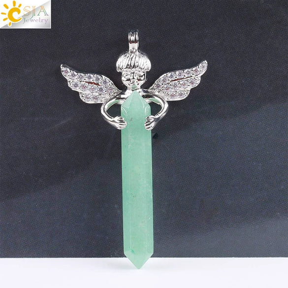 Natural Stone Hexagonal Prism Pendant Necklace With Rhinestone Angel Wing Alloy Chain Minimalist Crystal Jewelry