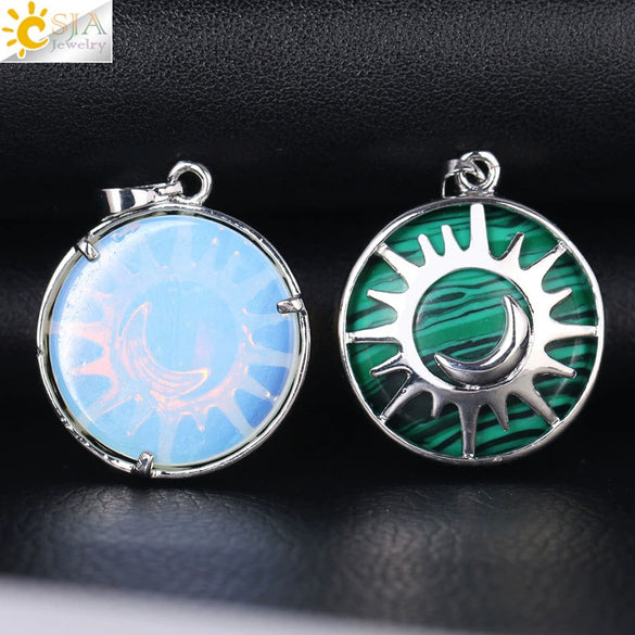Natural Stone Hollow Moon And Sun Pendant Necklace Semi Precious Crystal Jewelry With Copper Accessories Minimalist Style