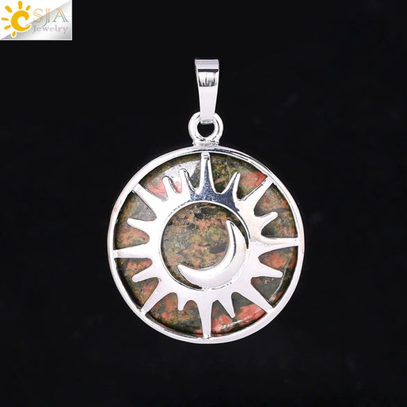 Natural Stone Hollow Moon And Sun Pendant Necklace Semi Precious Crystal Jewelry With Copper Accessories Minimalist Style