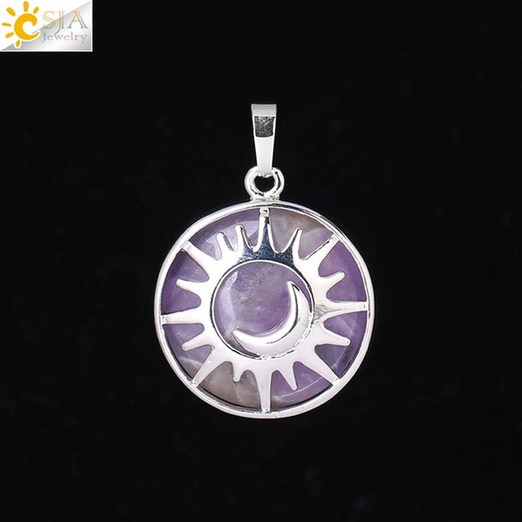 Natural Stone Hollow Moon And Sun Pendant Necklace Semi Precious Crystal Jewelry With Copper Accessories Minimalist Style