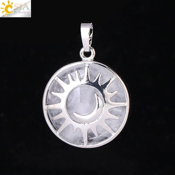 Natural Stone Hollow Moon And Sun Pendant Necklace Semi Precious Crystal Jewelry With Copper Accessories Minimalist Style
