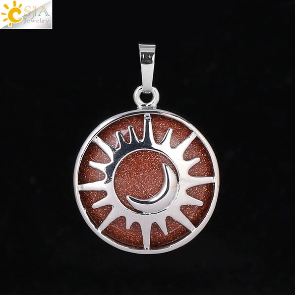 Natural Stone Hollow Moon And Sun Pendant Necklace Semi Precious Crystal Jewelry With Copper Accessories Minimalist Style