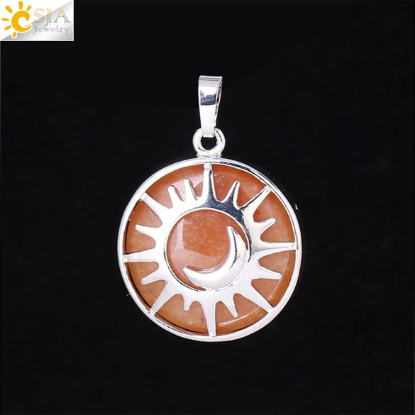 Natural Stone Hollow Moon And Sun Pendant Necklace Semi Precious Crystal Jewelry With Copper Accessories Minimalist Style