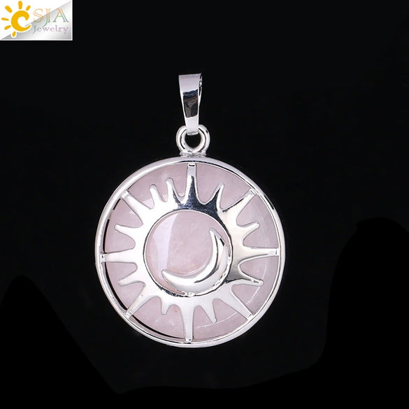 Natural Stone Hollow Moon And Sun Pendant Necklace Semi Precious Crystal Jewelry With Copper Accessories Minimalist Style