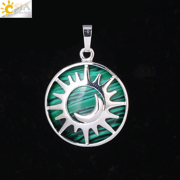 Natural Stone Hollow Moon And Sun Pendant Necklace Semi Precious Crystal Jewelry With Copper Accessories Minimalist Style