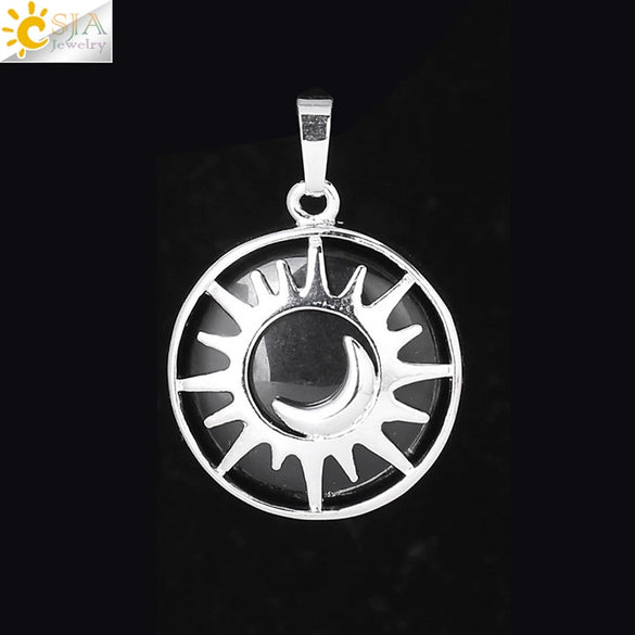 Natural Stone Hollow Moon And Sun Pendant Necklace Semi Precious Crystal Jewelry With Copper Accessories Minimalist Style