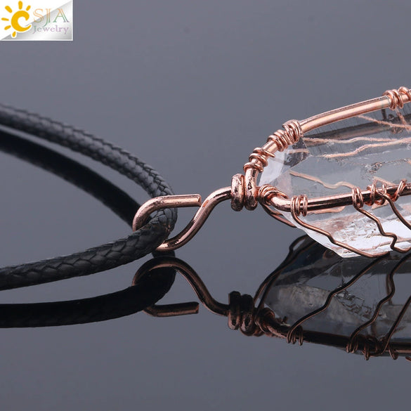 Natural Stone Irregular Crystal Column Pendant Necklace Rose Gold Tone Handmade Wrapped Minimalist Aura White Crystal Necklace