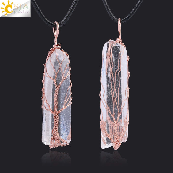 Natural Stone Irregular Crystal Column Pendant Necklace Rose Gold Tone Handmade Wrapped Minimalist Aura White Crystal Necklace