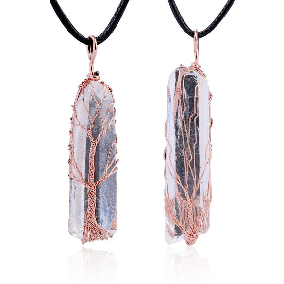 Natural Stone Irregular Crystal Column Pendant Necklace Rose Gold Tone Handmade Wrapped Minimalist Aura White Crystal Necklace