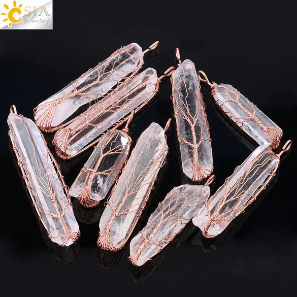 Natural Stone Irregular Crystal Column Pendant Necklace Rose Gold Tone Handmade Wrapped Minimalist Aura White Crystal Necklace