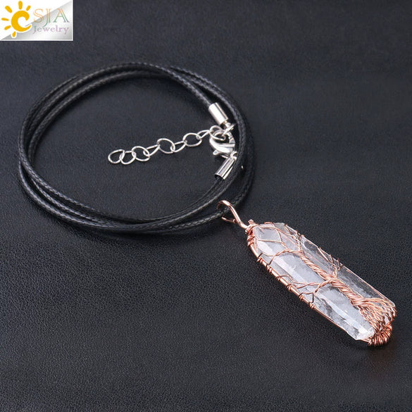 Natural Stone Irregular Crystal Column Pendant Necklace Rose Gold Tone Handmade Wrapped Minimalist Aura White Crystal Necklace