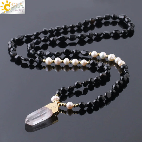 Natural Stone Irregular Crystal Column Pendant Necklace With Rope Chain Electroplated Minimalist Unisex Amethyst Black Tourmaline Aquamarine Style