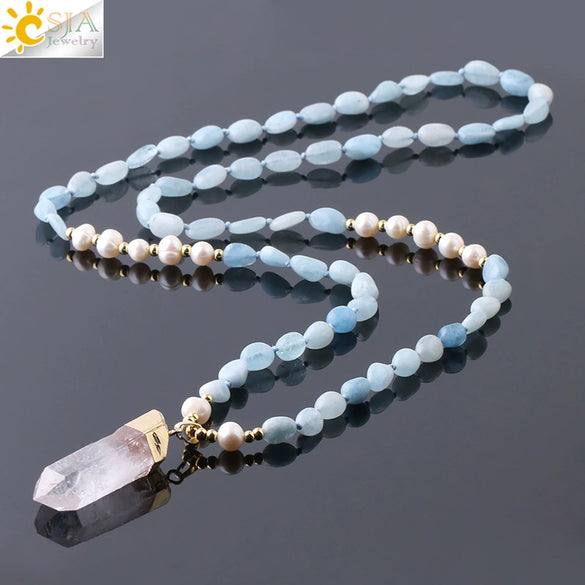 Natural Stone Irregular Crystal Column Pendant Necklace With Rope Chain Electroplated Minimalist Unisex Amethyst Black Tourmaline Aquamarine Style