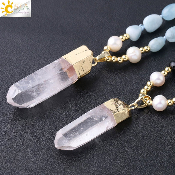 Natural Stone Irregular Crystal Column Pendant Necklace With Rope Chain Electroplated Minimalist Unisex Amethyst Black Tourmaline Aquamarine Style