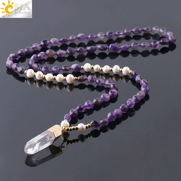 Natural Stone Irregular Crystal Column Pendant Necklace With Rope Chain Electroplated Minimalist Unisex Amethyst Black Tourmaline Aquamarine Style