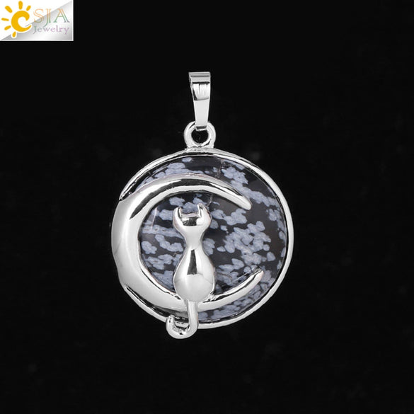 Natural Stone Kitten And Moon Pendant Hollow Back Alloy Crystal Necklace Pendant Minimalist Animal Jewelry For Women