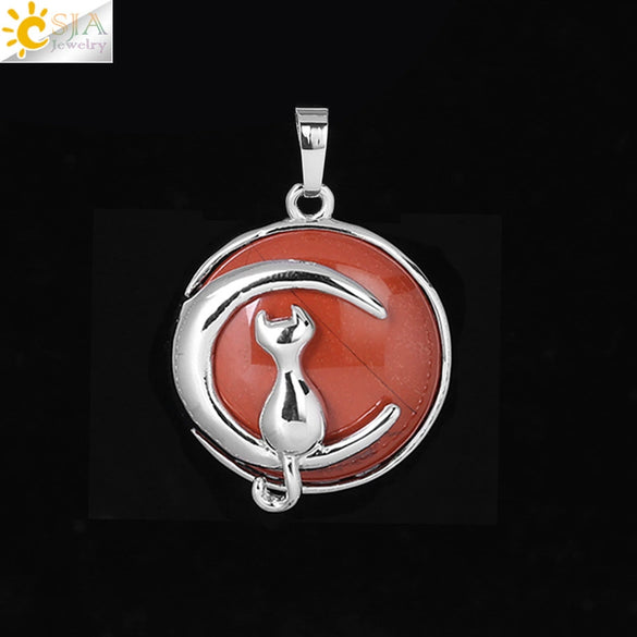 Natural Stone Kitten And Moon Pendant Hollow Back Alloy Crystal Necklace Pendant Minimalist Animal Jewelry For Women