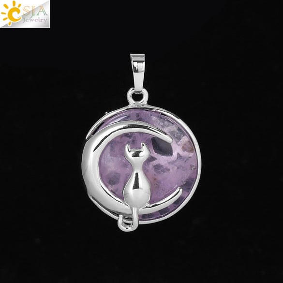 Natural Stone Kitten And Moon Pendant Hollow Back Alloy Crystal Necklace Pendant Minimalist Animal Jewelry For Women