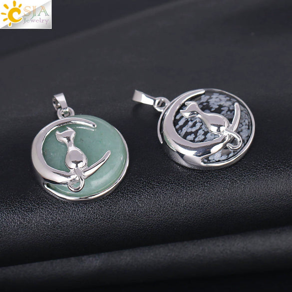 Natural Stone Kitten And Moon Pendant Hollow Back Alloy Crystal Necklace Pendant Minimalist Animal Jewelry For Women