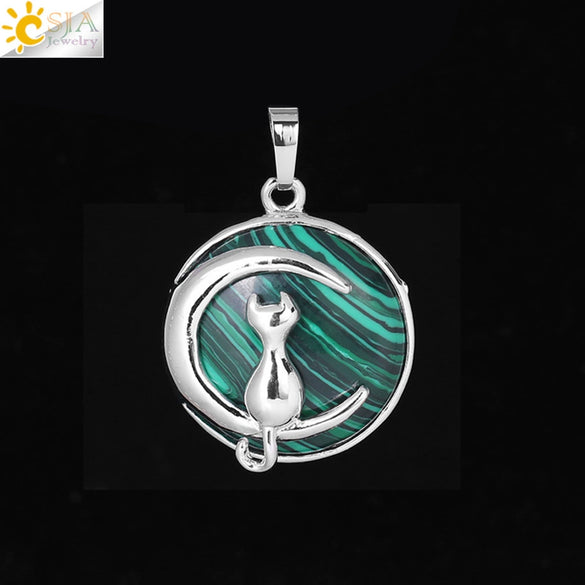 Natural Stone Kitten And Moon Pendant Hollow Back Alloy Crystal Necklace Pendant Minimalist Animal Jewelry For Women