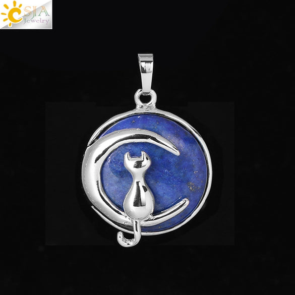 Natural Stone Kitten And Moon Pendant Hollow Back Alloy Crystal Necklace Pendant Minimalist Animal Jewelry For Women