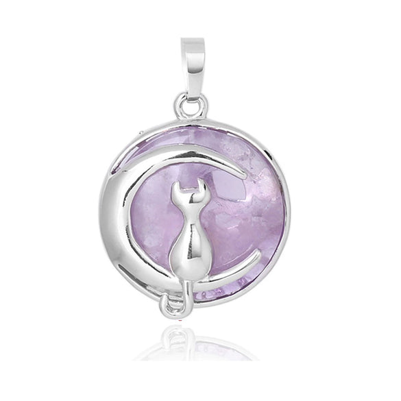 Natural Stone Kitten And Moon Pendant Hollow Back Alloy Crystal Necklace Pendant Minimalist Animal Jewelry For Women